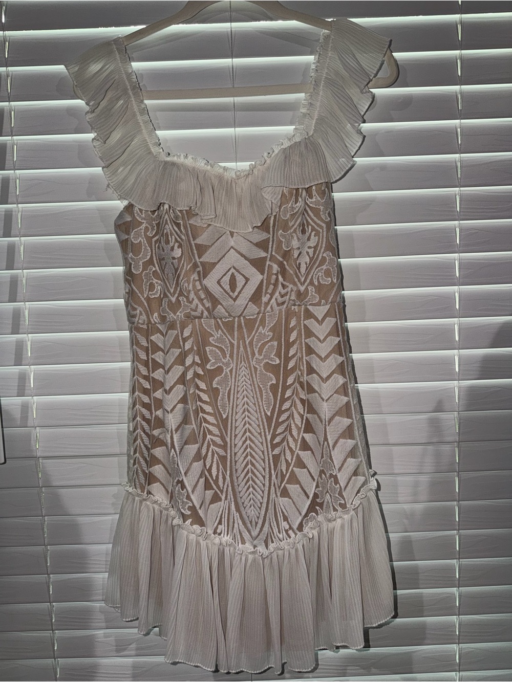 Selfie Leslie White Embroidered Ruffle-Trim Mini Dress